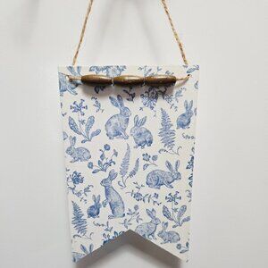 Handcrafted Decoupage Floral Easter Bunny Wooden Hang Tag Tiered Tray Home Decor